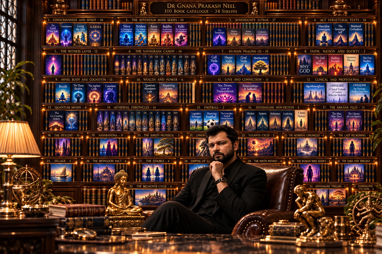 Dr. Gnana Prakash Neel seated in a leather armchair before thirty four numbered shelves of his series, from Consciousness and Spirit to Standalone Fiction, beneath a sign reading Dr Gnana Prakash Neel, 310 book catalogue, 34 shelves.